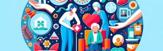 Abstract depiction of two individuals providing caregiver support services to an older woman