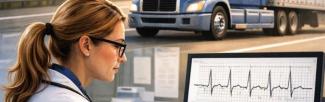 A healthcare professional reviews medical paperwork at a desk while a semi-truck drives along a highway in the background, symbolizing medical review and safe commercial driving.
