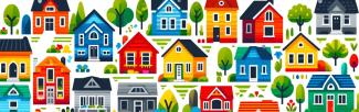 Abstract depiction of various houses of different colors and sizes