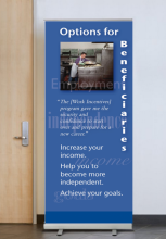 Display banner featuring an employee with a disability working in a kitchen