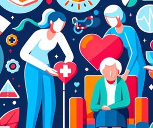 Abstract depiction of two individuals providing caregiver support services to an older woman