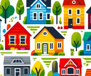 Abstract depiction of various houses of different colors and sizes