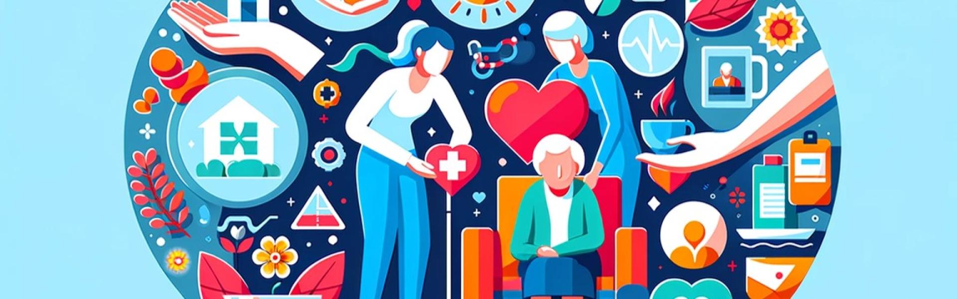 Abstract depiction of two individuals providing caregiver support services to an older woman