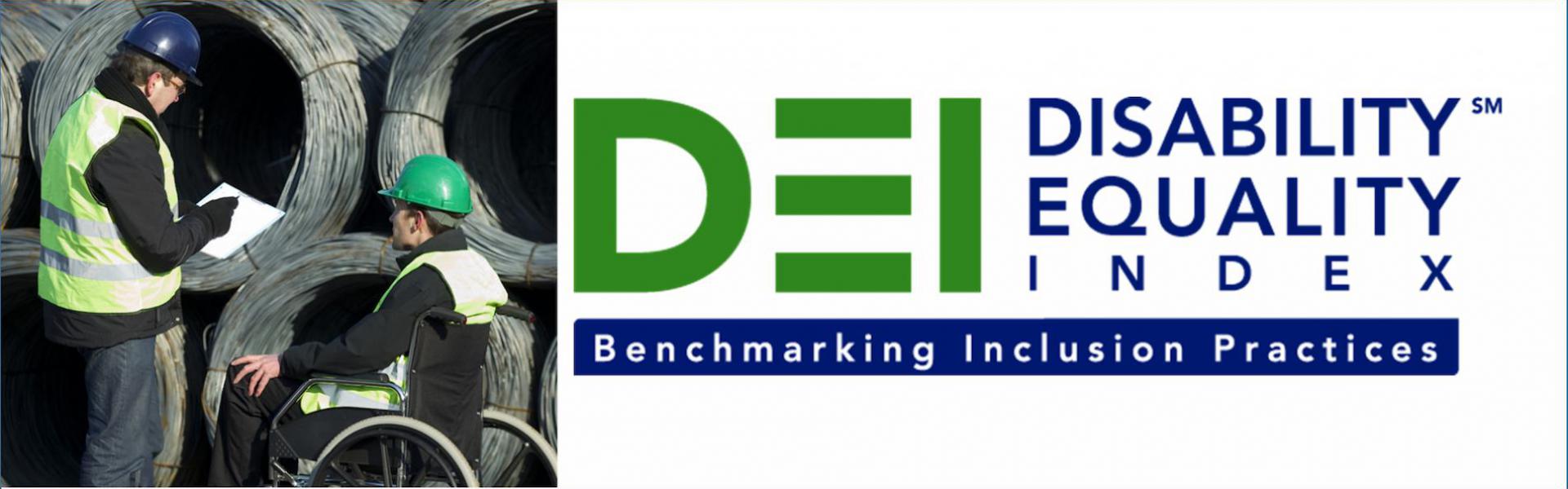 DEI Disability Equality Index. Benchmarking Inclusion Practices. Two construction workers - one in a wheelchair - on a construction site.