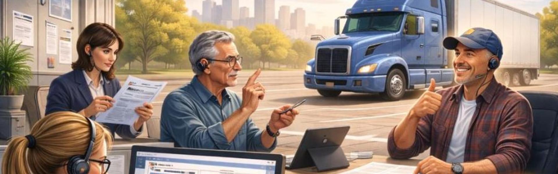 Office staff process paperwork and communicate using sign language while a commercial truck waits outside, representing administrative support for safe commercial driving.