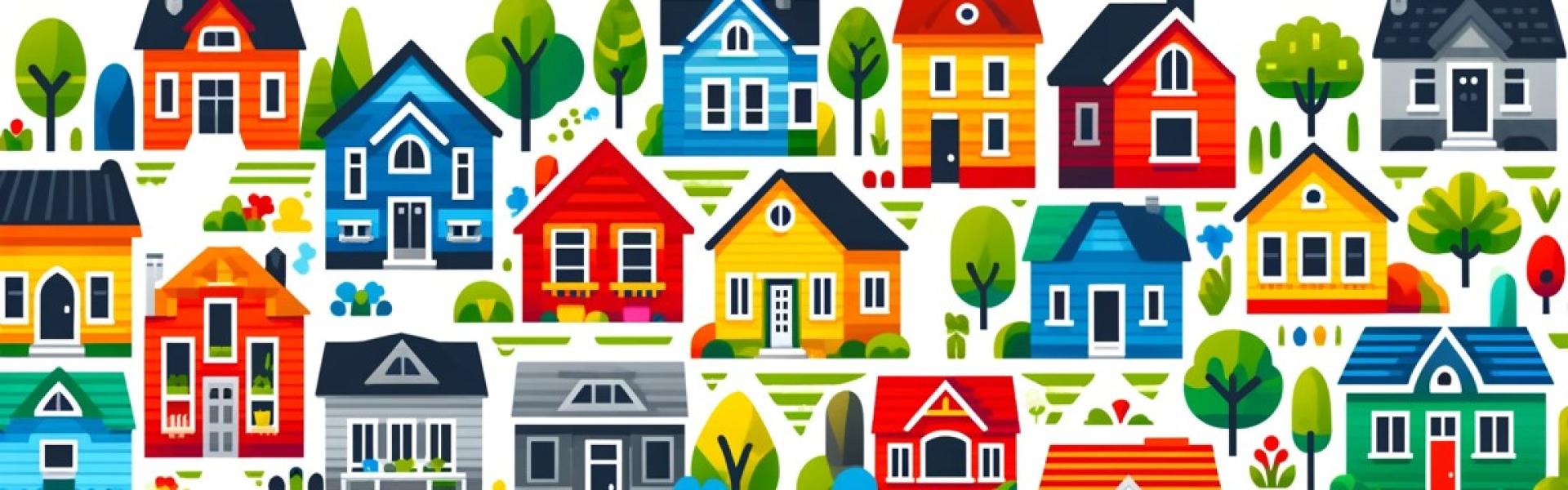 Abstract depiction of various houses of different colors and sizes