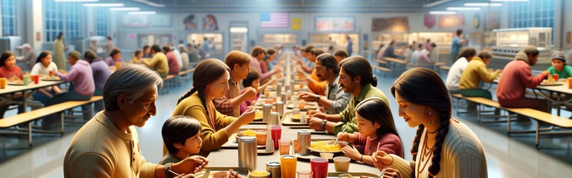 American Indian family eating in a cafeteria