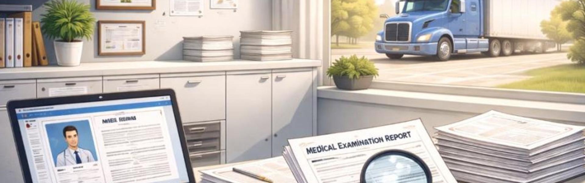 A clean office workspace with medical examination paperwork, a magnifying glass, and a laptop on a desk, with a commercial truck visible through a window, representing review and oversight of driver medical certifications.